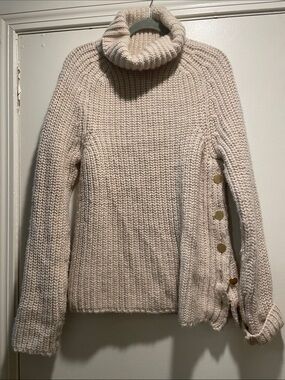 Tibi Merino Wool Chunky Rib Knit Turtleneck Sweater Cream Side Button Size M